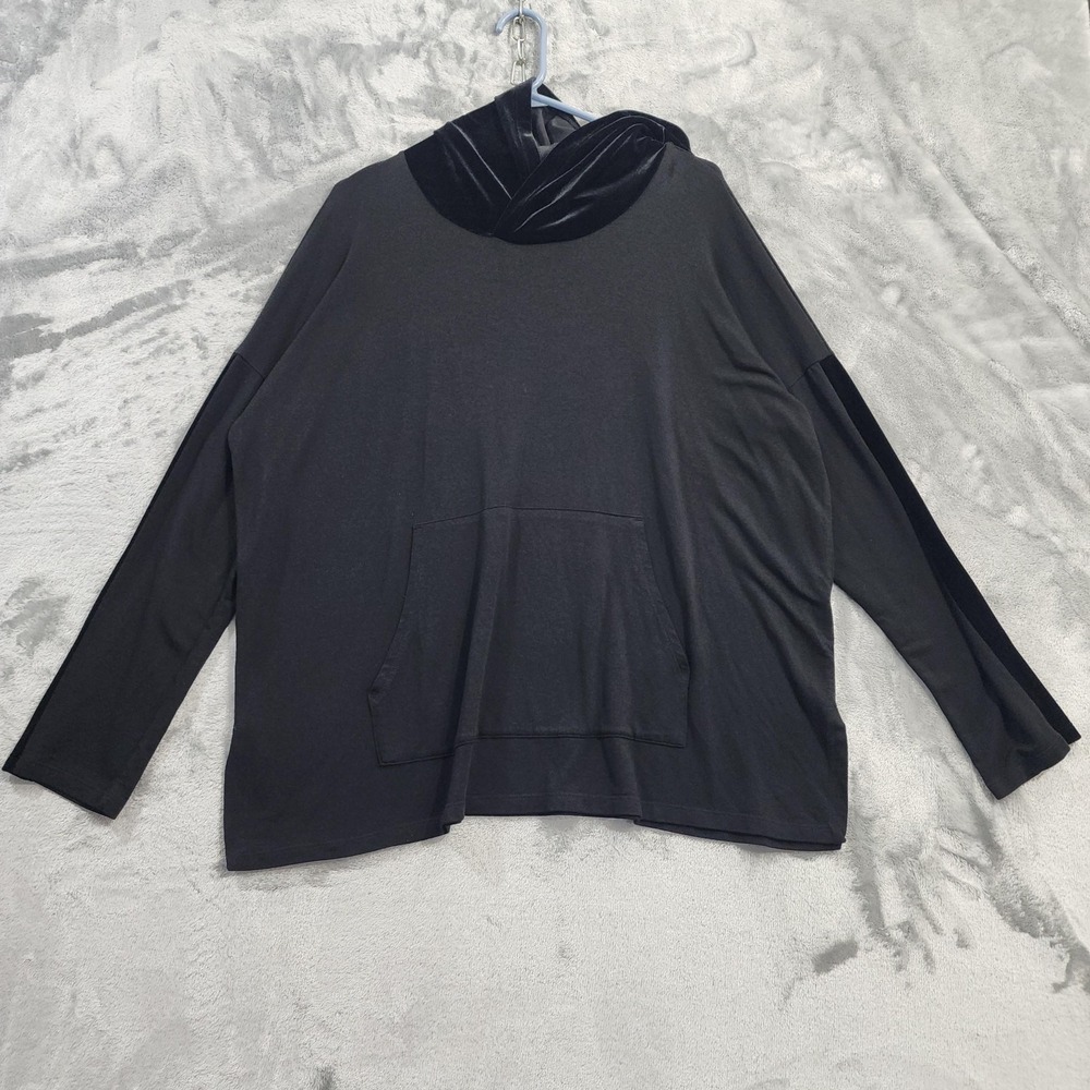 Eileen Fisher Top Womens M Black Tencel Stretch Terry Velvet Sleeve Hooded‎